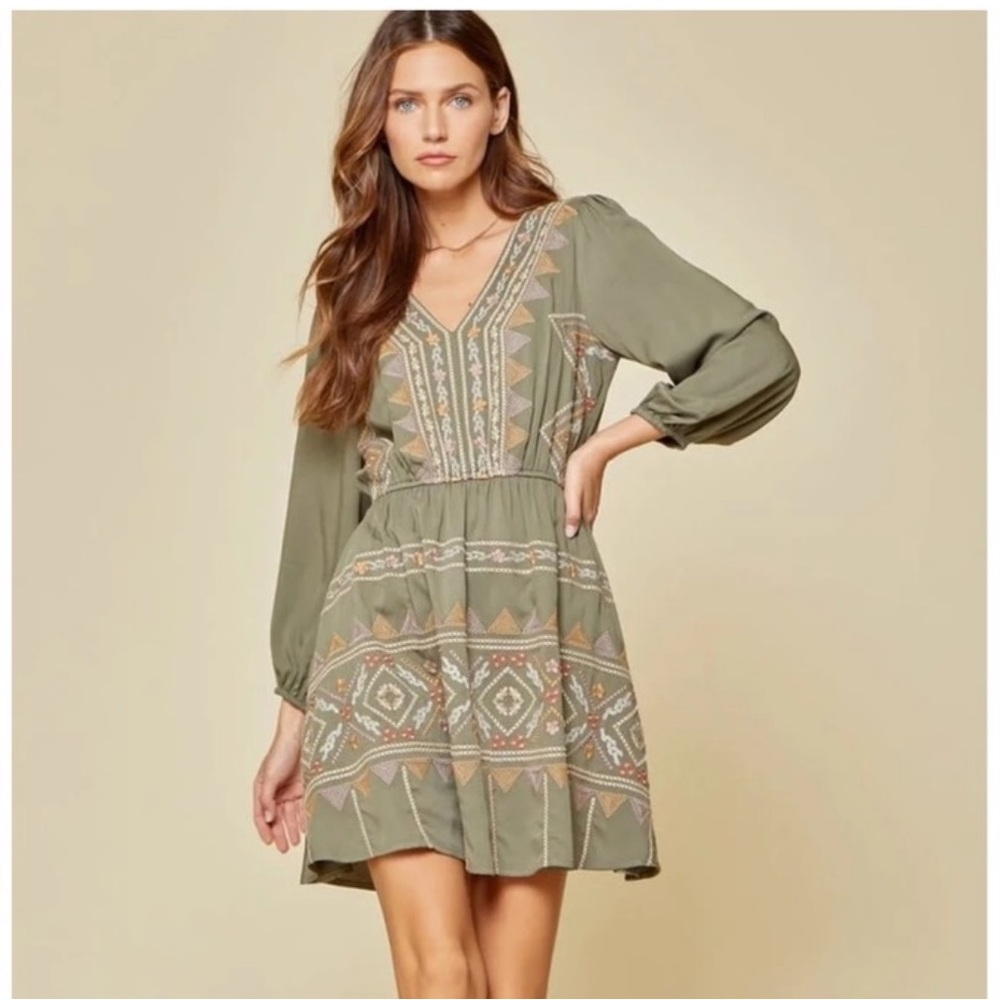 Savanna Jane Geometric Embroidered Patterned Olive Green Mini Dress Size Medium - Picture 3 of 10
